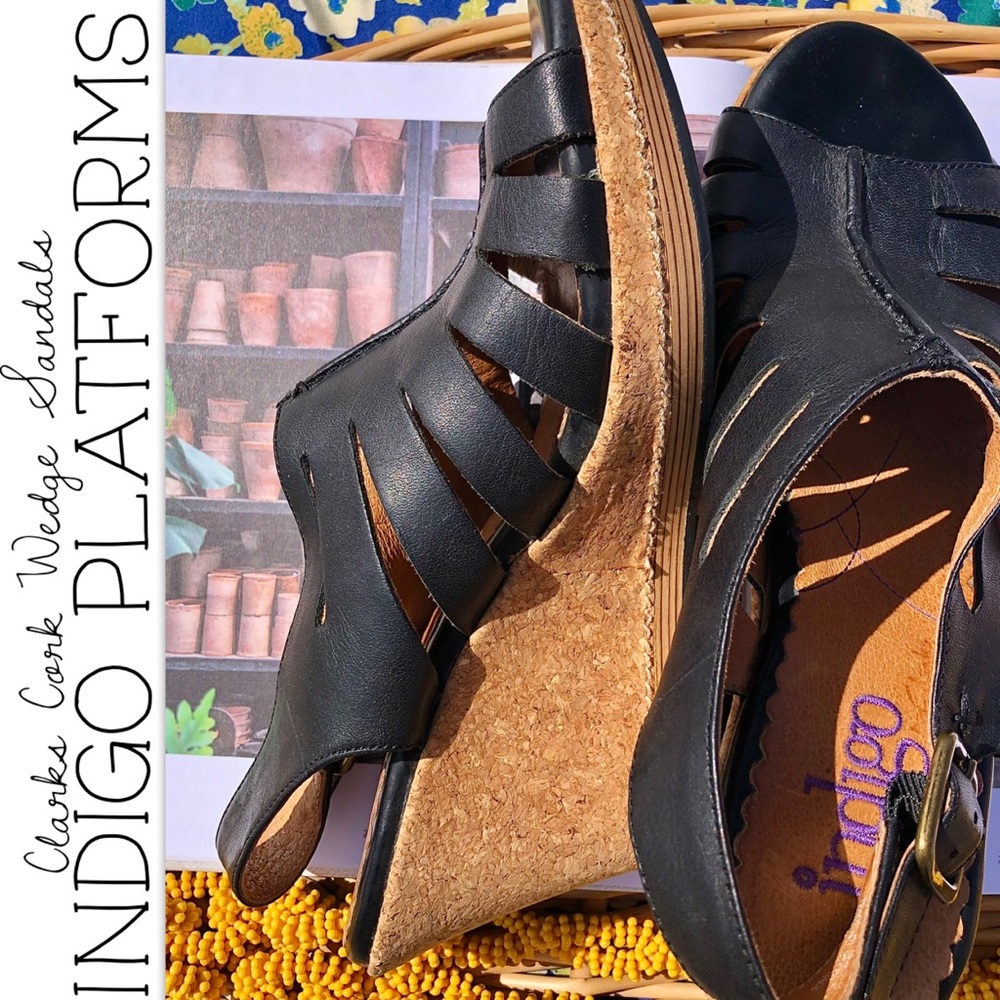 Indigo by Clark’s Cork Wedge Black Leather Sandals - Picture 1 of 9